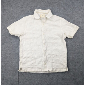 Folk Button Up Shirt Mens Small Waffle Knit Coastal Quiet Luxury Natural Fiber